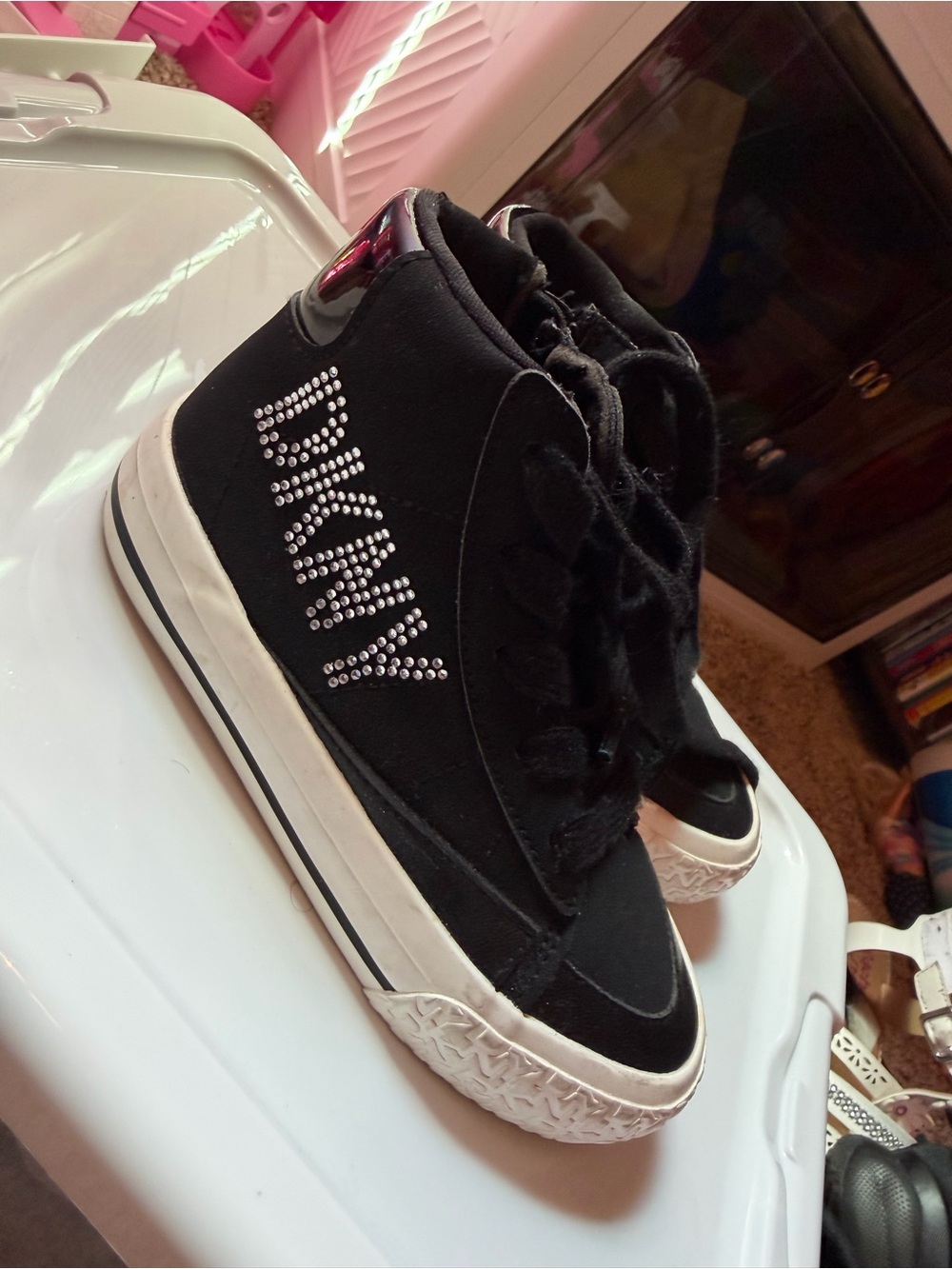 DKNY Black High-Top Sneakers w/Rhinestone Logo and White Sole (Size 11 Toddler)